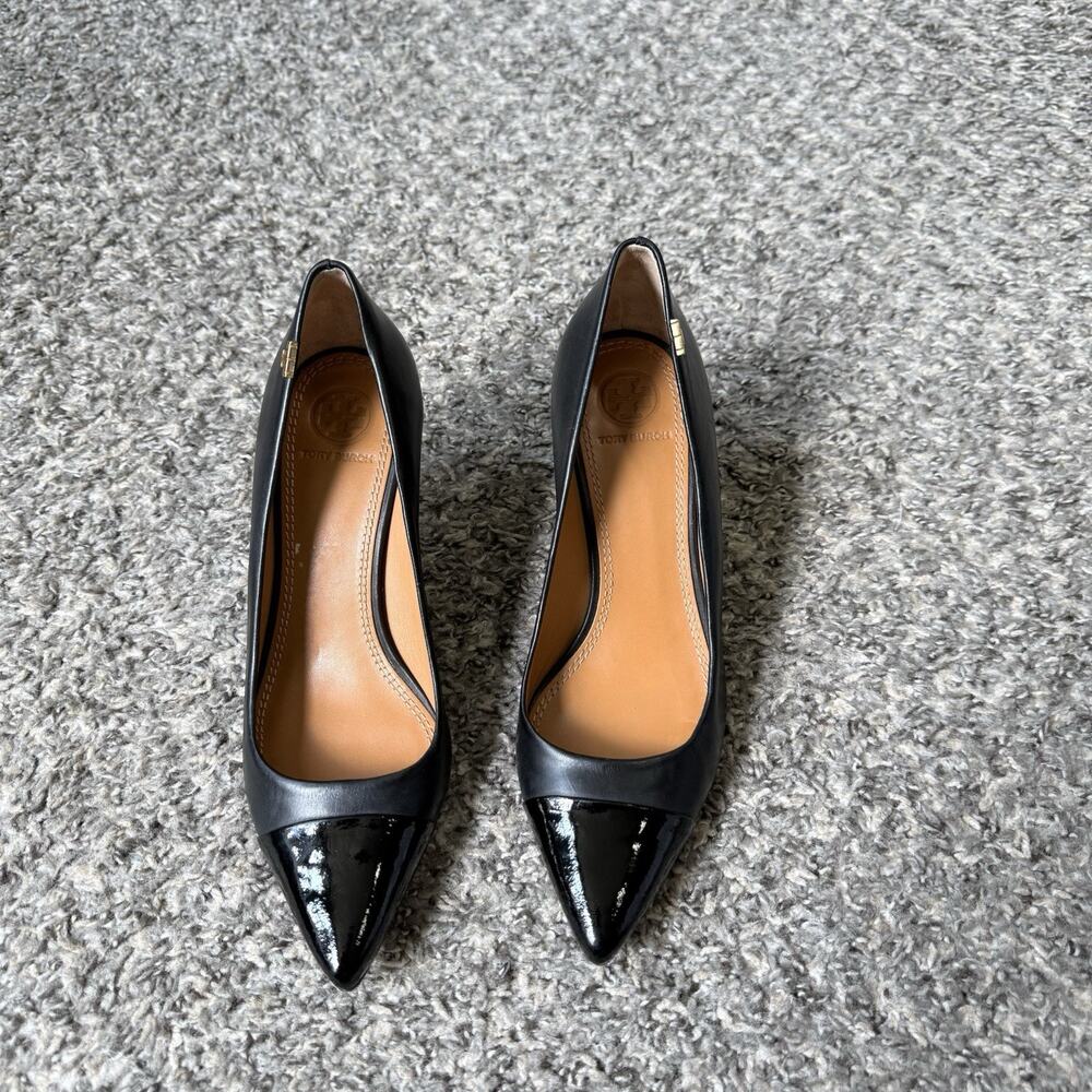 Tory Burch Penelope Cap Toe Pumps Heels Sz 5 Black Leather Patent Pointed Toe - Picture 6 of 6